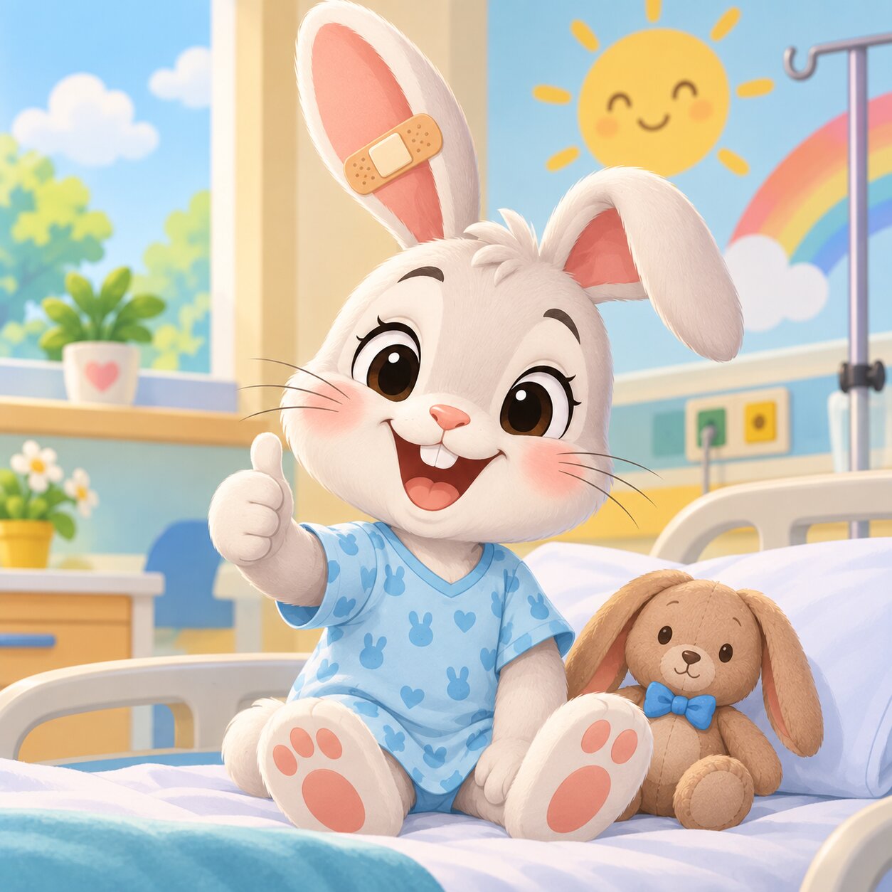 Happy cartoon bunny with a bandage