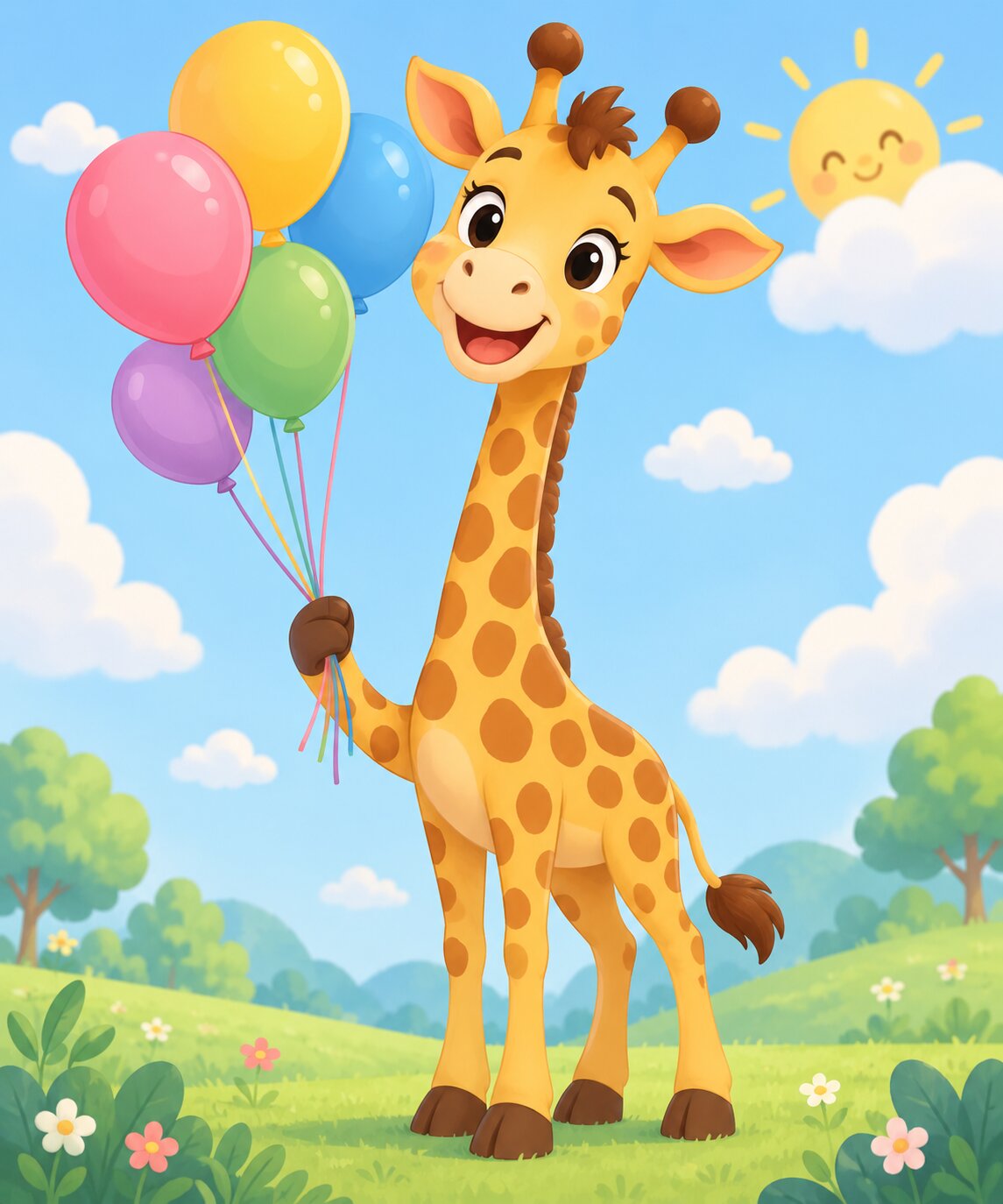 Smiling cartoon giraffe with balloons