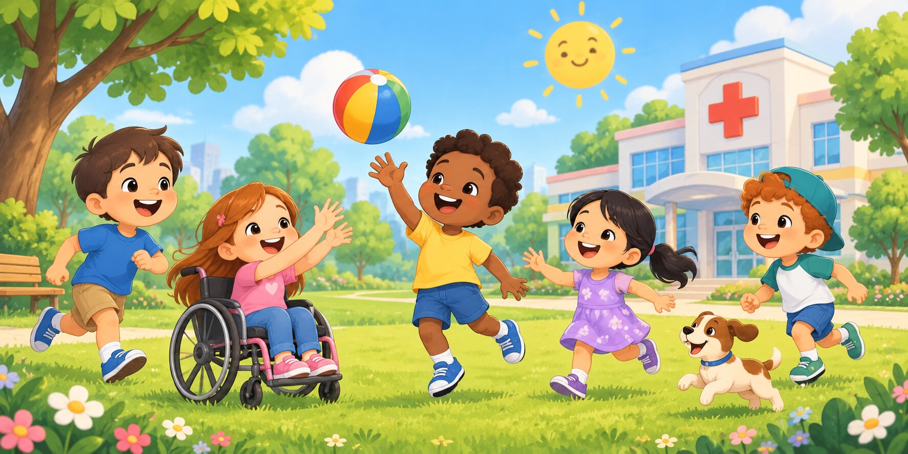 Happy cartoon kids playing together in a sunny park