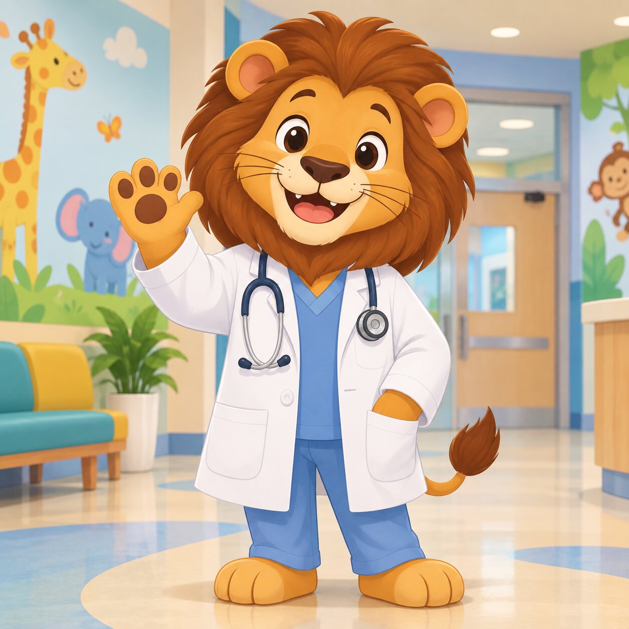 Friendly cartoon lion doctor waving