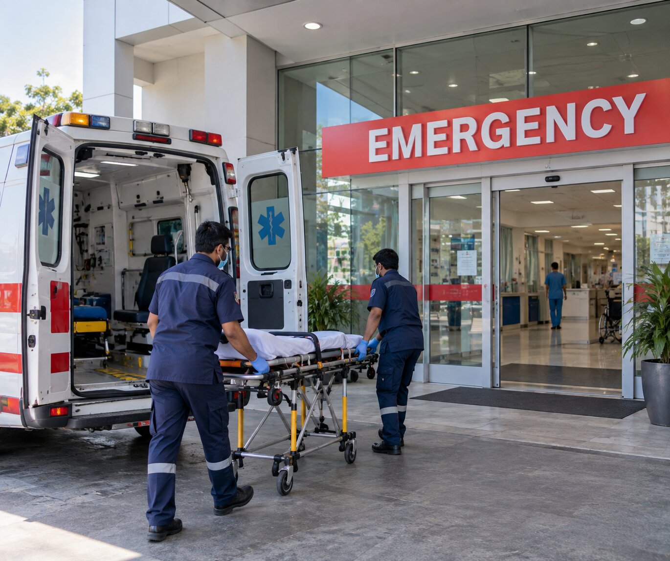 Emergency entrance with ambulance and response team