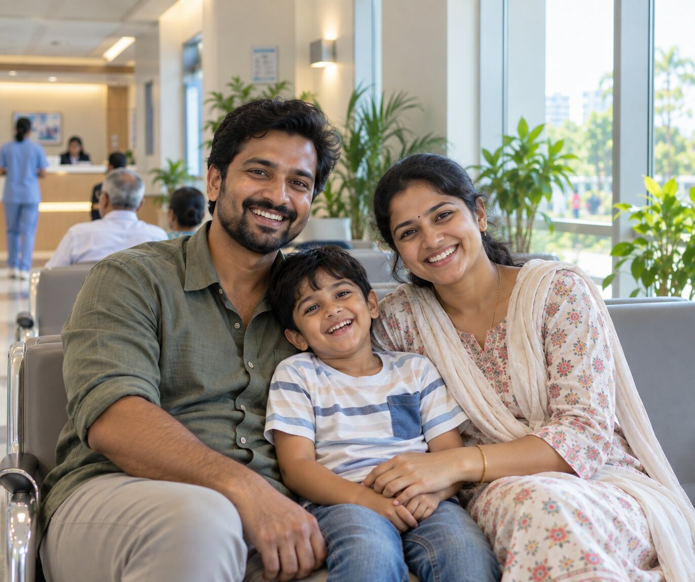 Family relaxing in a bright waiting lounge