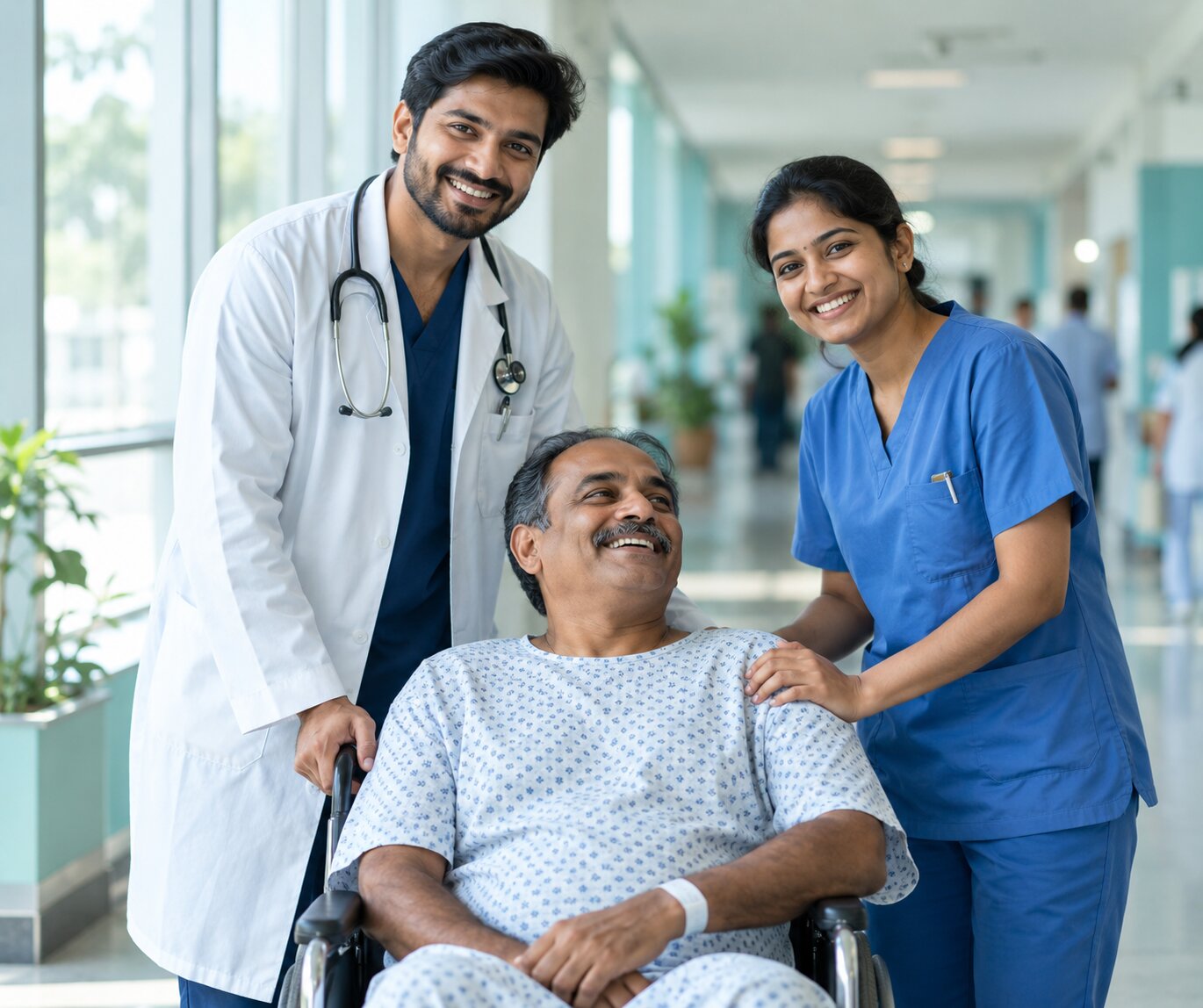 Doctor and nurse smiling with a patient in a bright hospital corridor
