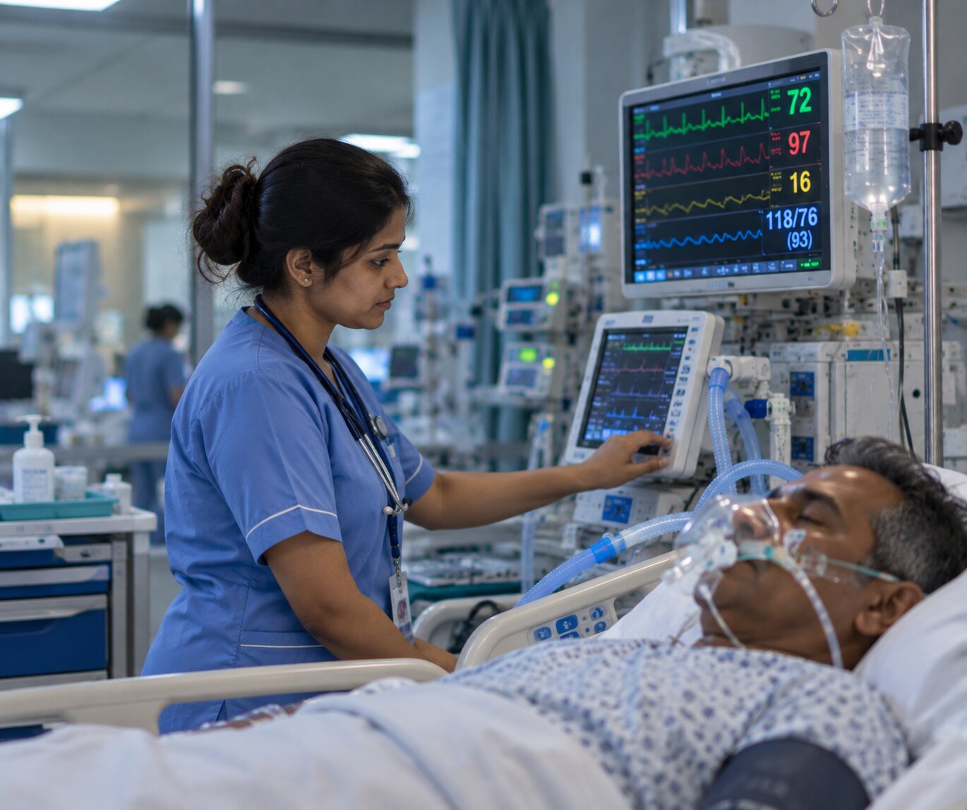 Nurse monitoring a patient in the ICU