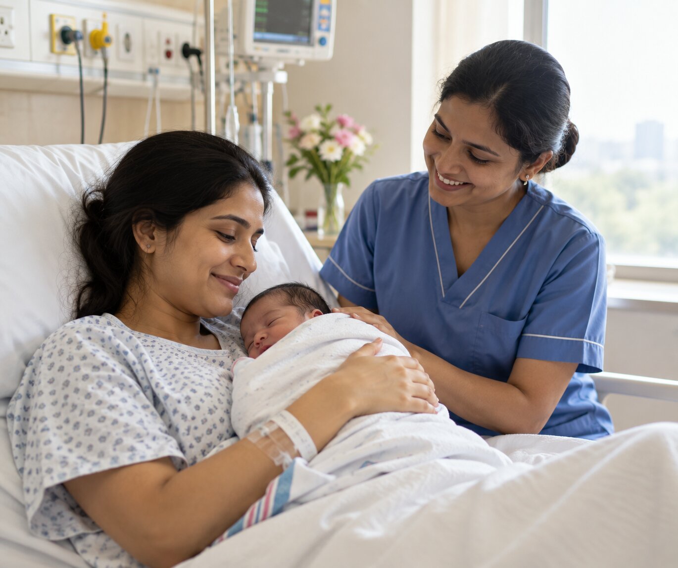Mother holding her newborn with a nurse