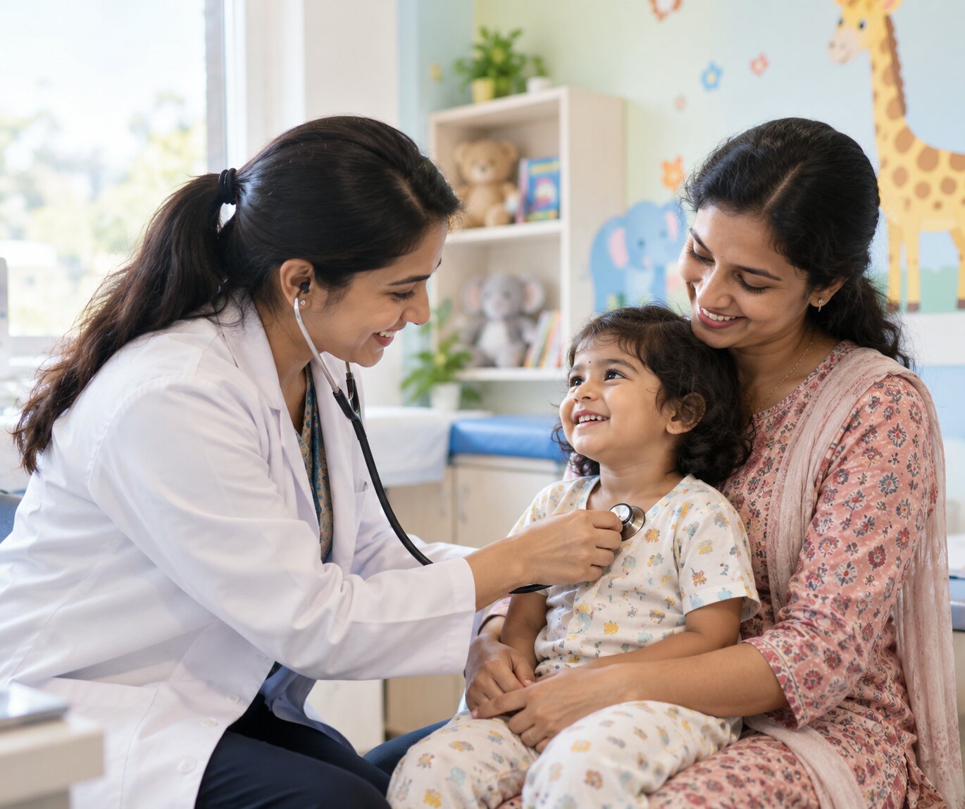 Pediatrician caring for a small child
