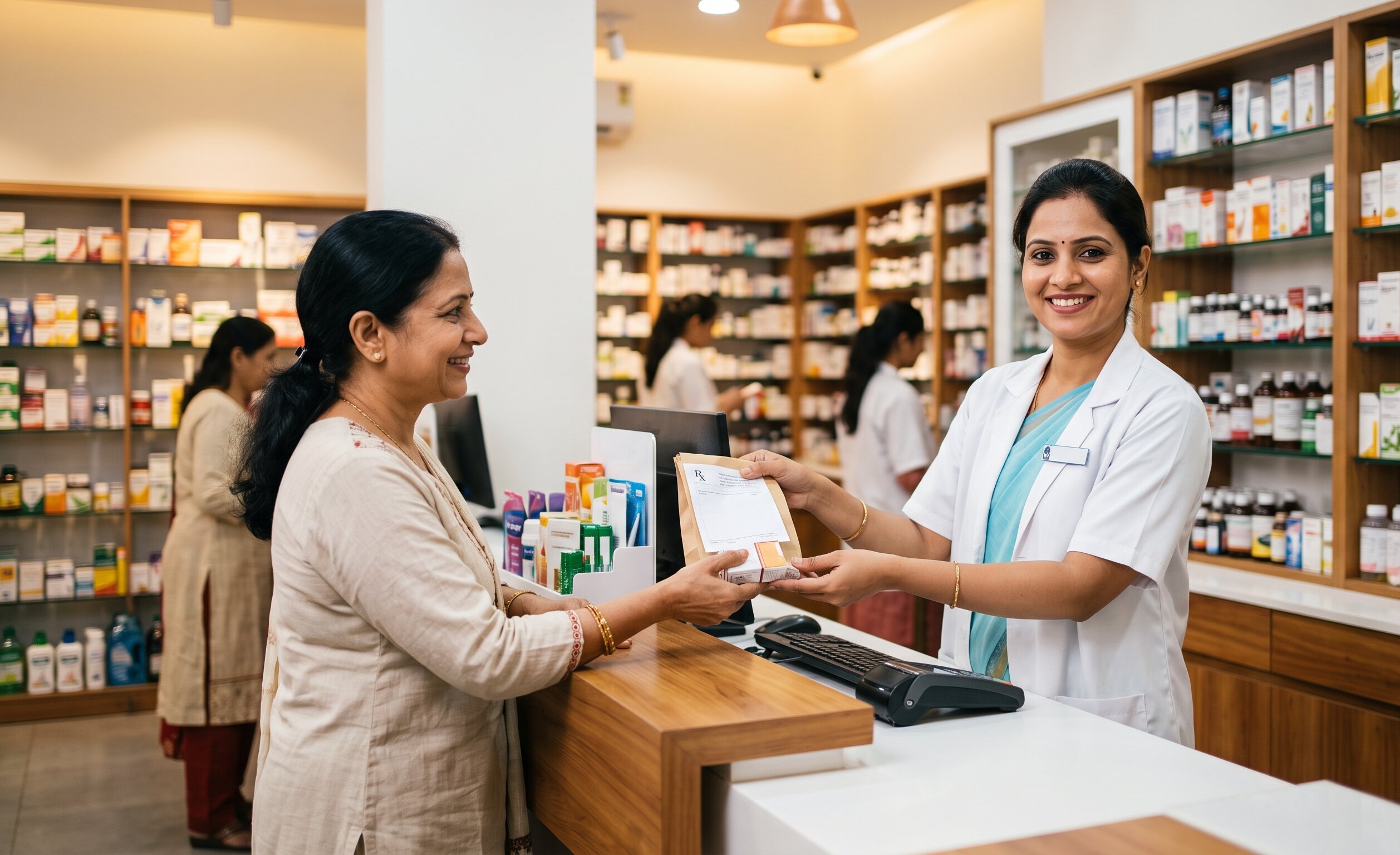 Pharmacist handing medicines to a patient
